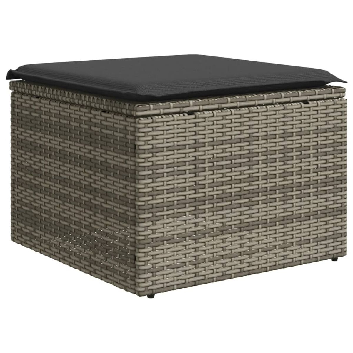 Hocker aus Korbgeflecht mit grauem Kissen oben.