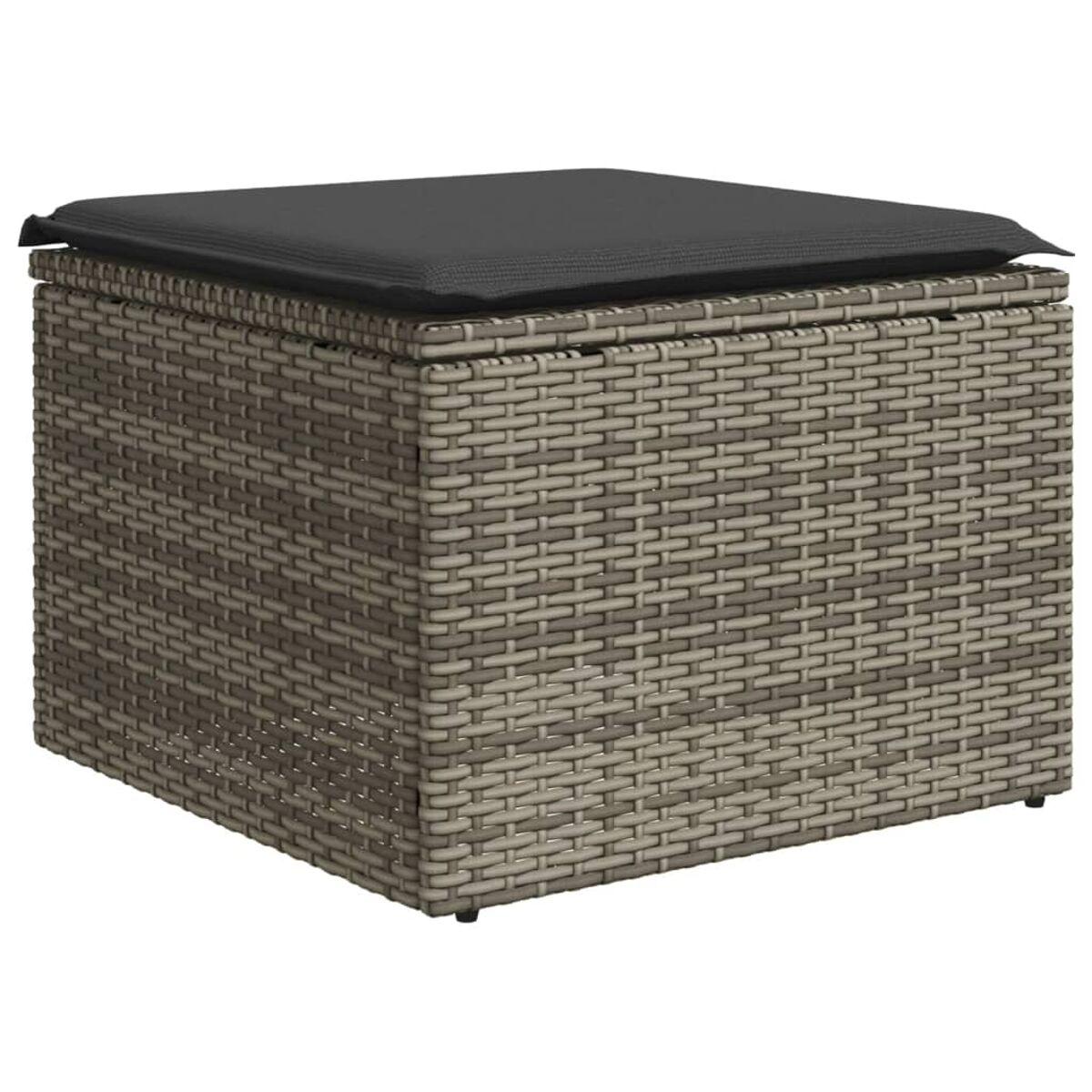 Hocker aus Korbgeflecht mit grauem Kissen. Grau-beiges Webmuster. Quadratische Form. Draufsicht.