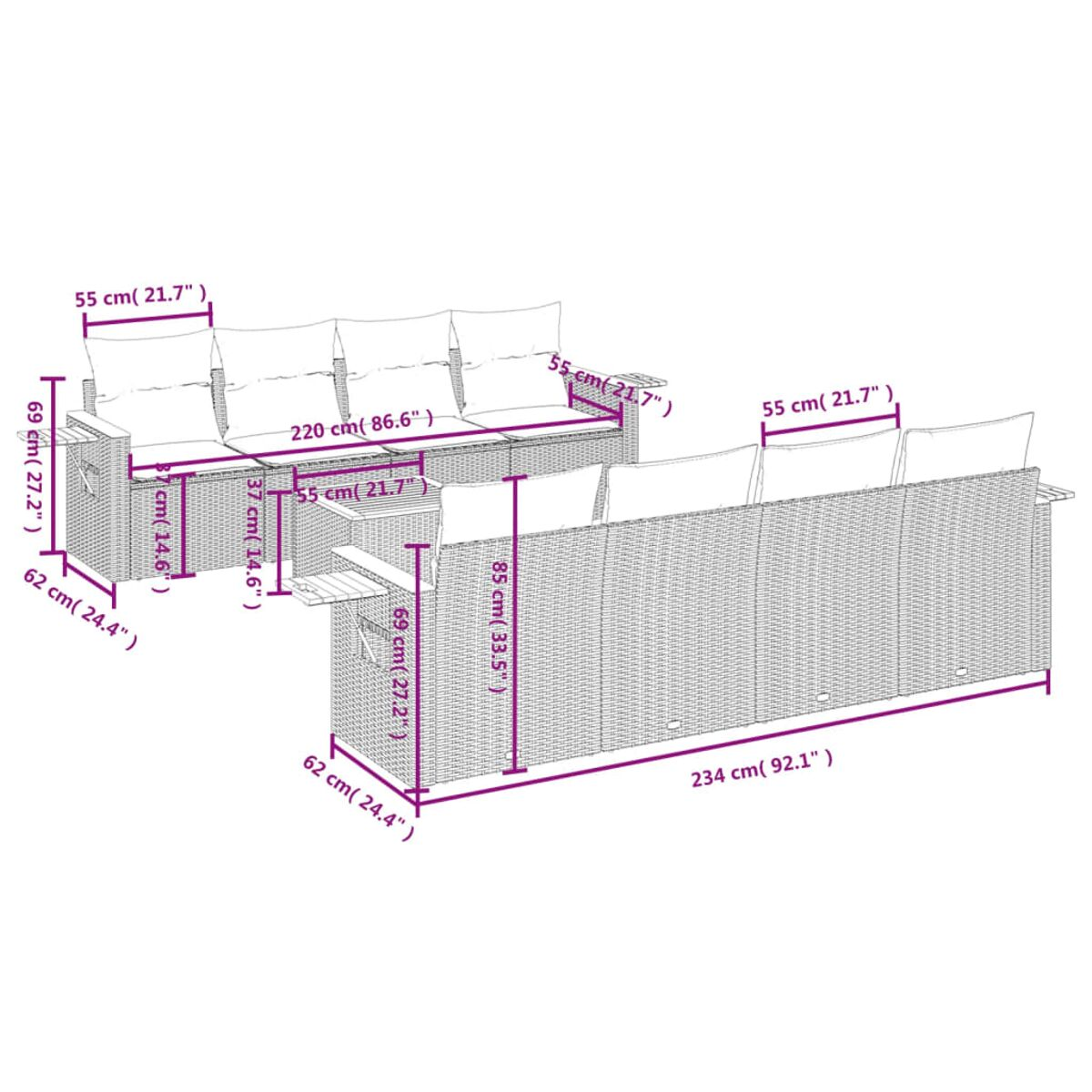 Diagramm eines Outdoor-Wicker-Sofasets mit Abmessungen in cm und Zoll. Weißer Hintergrund.