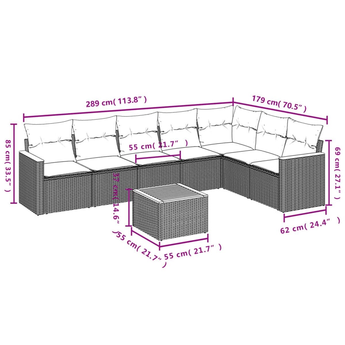 Outdoor-Terrassenset mit Abmessungen. Gewebte graue Möbel mit weißen Kissen.
