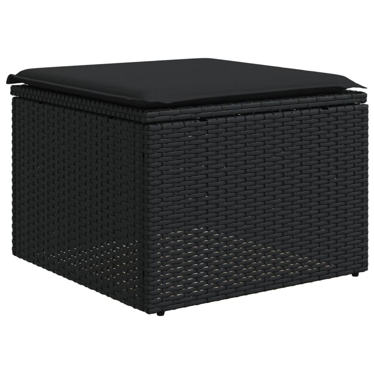 Schwarze Aufbewahrungsbox aus Korbgeflecht mit einem schwarzen Kissen oben. Die Box ist quadratisch und hat ein gewebtes Muster.