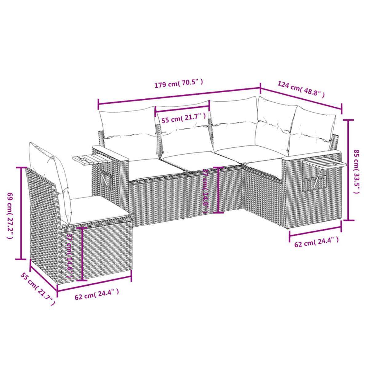 Geflochtenes Ecksofa mit weißen Kissen. Abmessungen in cm und Zoll angegeben.
