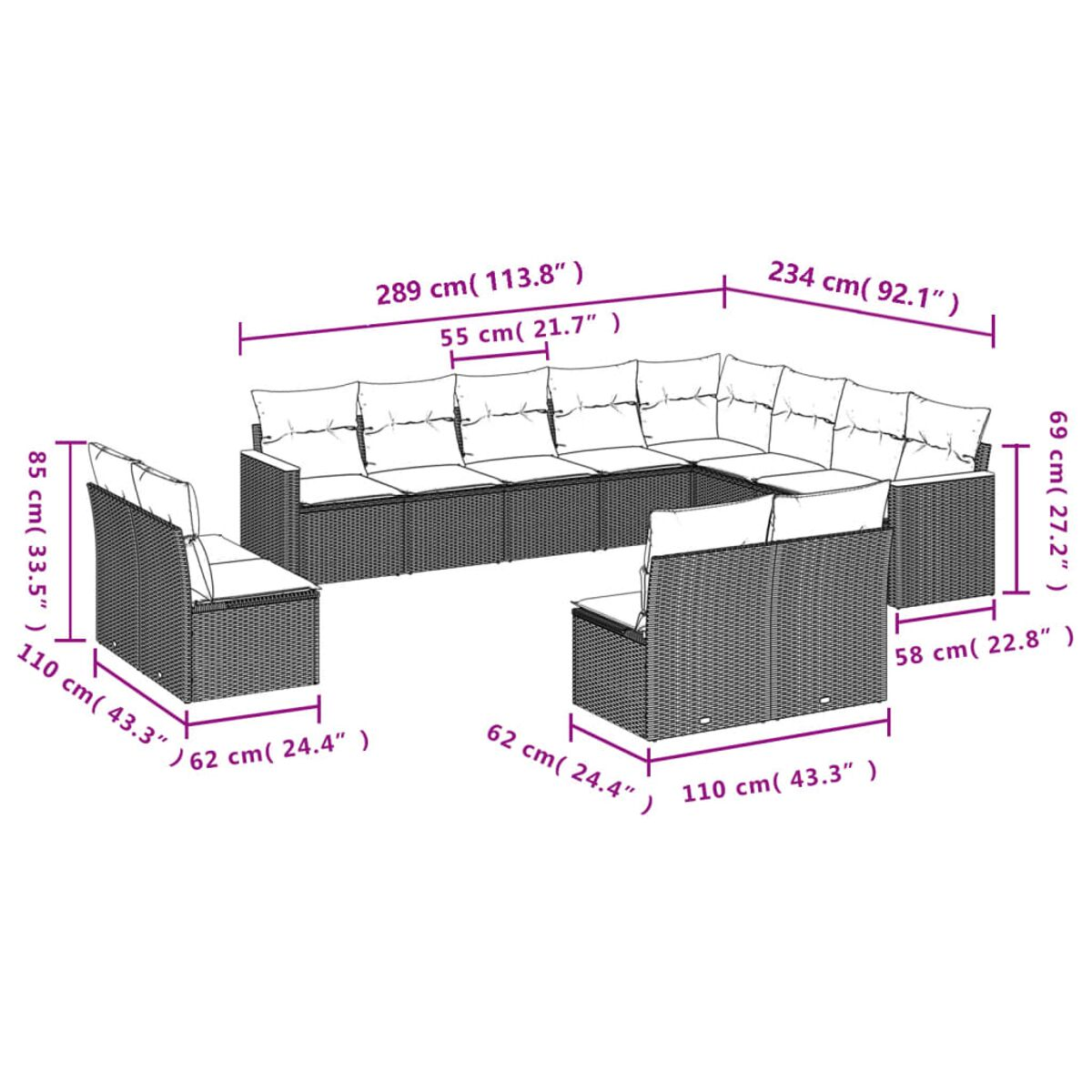 Ein Diagramm zeigt ein Ecksofa und zwei Stühle. Abmessungen sind für jedes Teil angegeben.