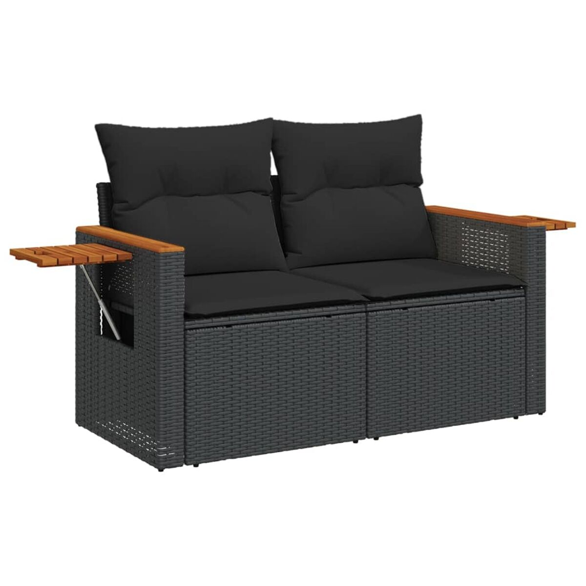 Dunkelgraues Zweisitzer-Sofa aus Korbgeflecht mit schwarzen Kissen.