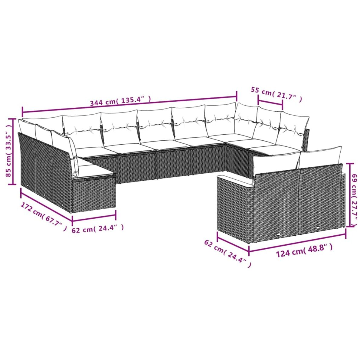 U-förmiges Outdoor-Sofa mit Abmessungen. Weiße Kissen.