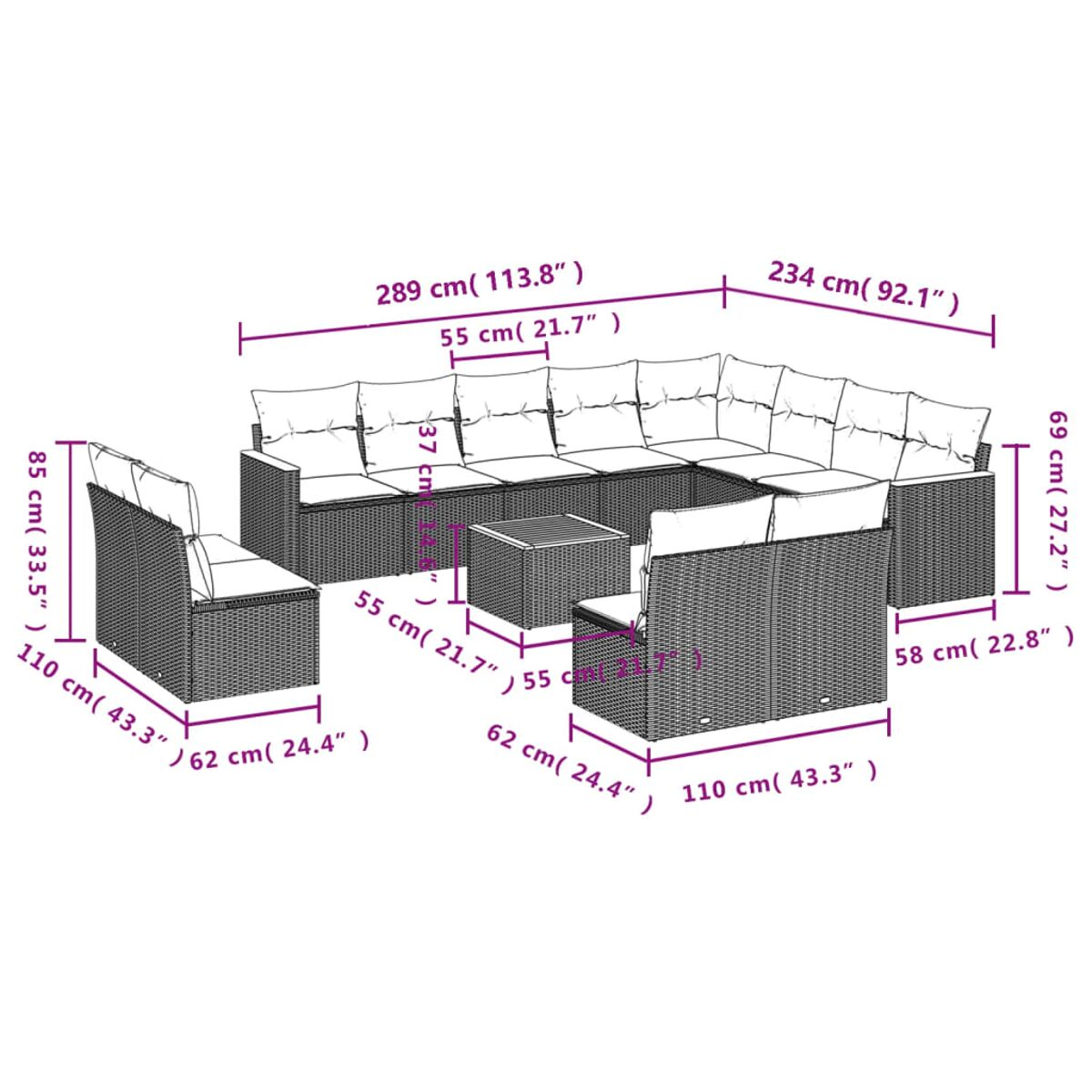 Ein Diagramm eines schwarzen Outdoor-Möbelsets aus Korbgeflecht mit Abmessungen in cm und Zoll.