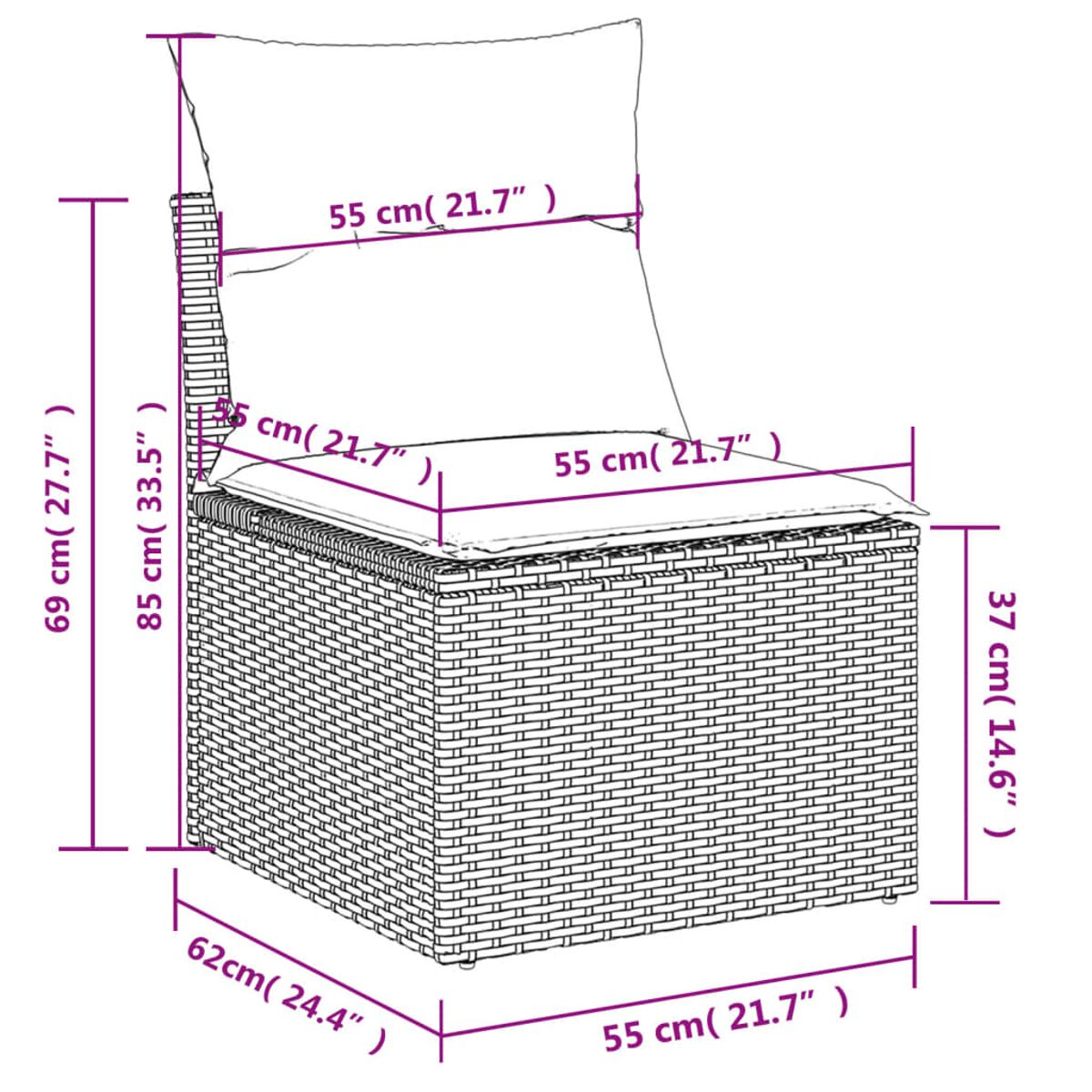 Diagramm eines Korbstuhls mit Maßen: 69x62x85 cm, mit einem Kissen oben drauf.