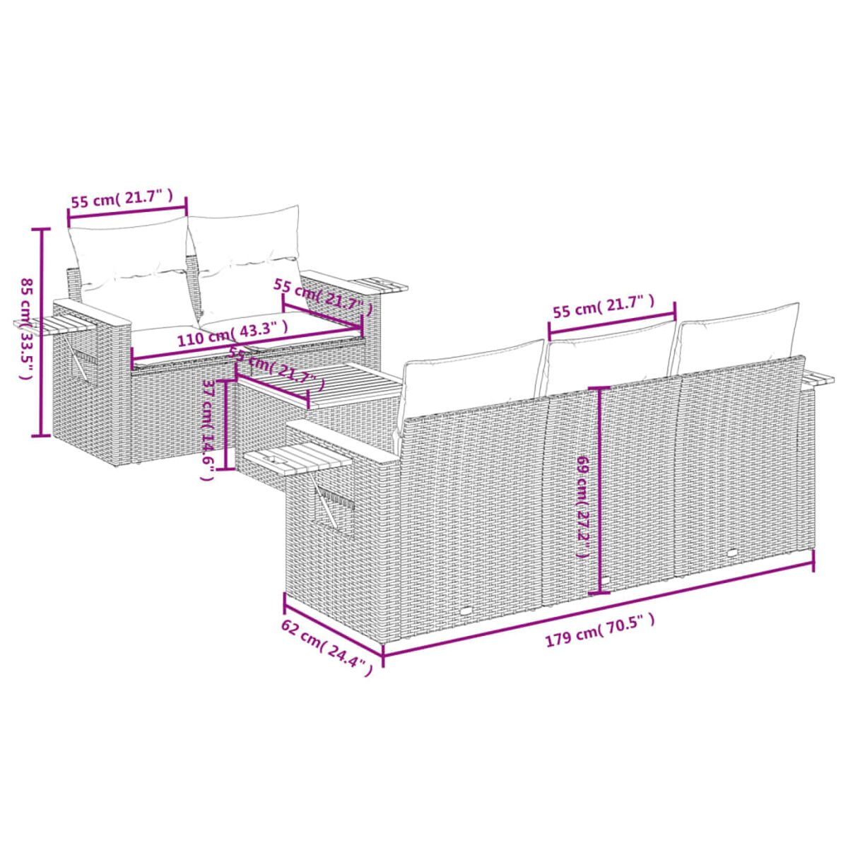 Diagramma di un set di divani in rattan per esterni con dimensioni. Include due divani e un tavolino, tutti con cuscini.