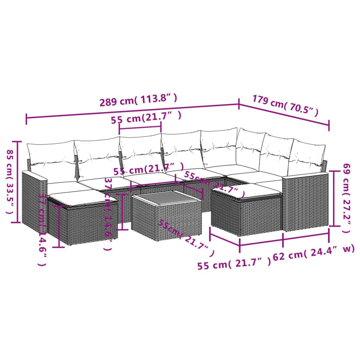 Diagramm eines Korbsessel-Ecksofas mit Abmessungen und einem Couchtisch. Zeigt Länge, Höhe und Breite.