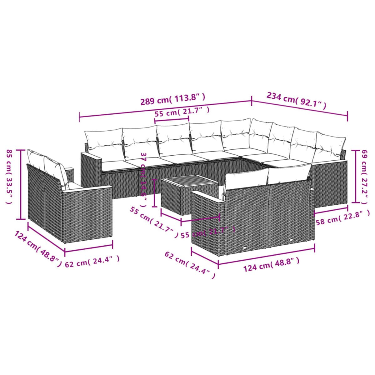 Diagramm eines Rattan-Ecksofa-Sets im Freien mit Abmessungen. Enthält einen Tisch und mehrere Sitzbereiche.