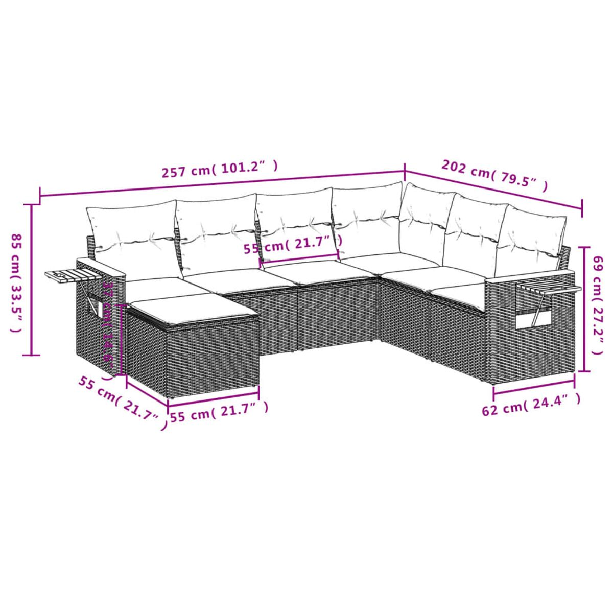 Graues Ecksofa aus Korbgeflecht mit Maßen auf weißem Hintergrund.
