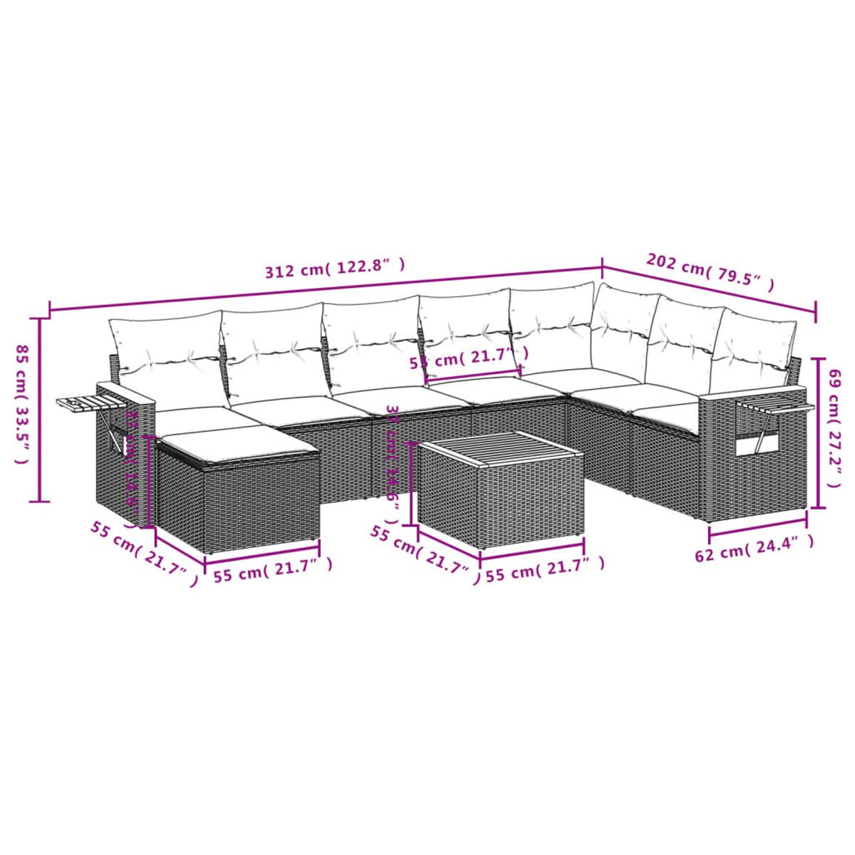 Divano in vimini da esterno a forma di L con dimensioni. Dimensioni espresse in cm e pollici.