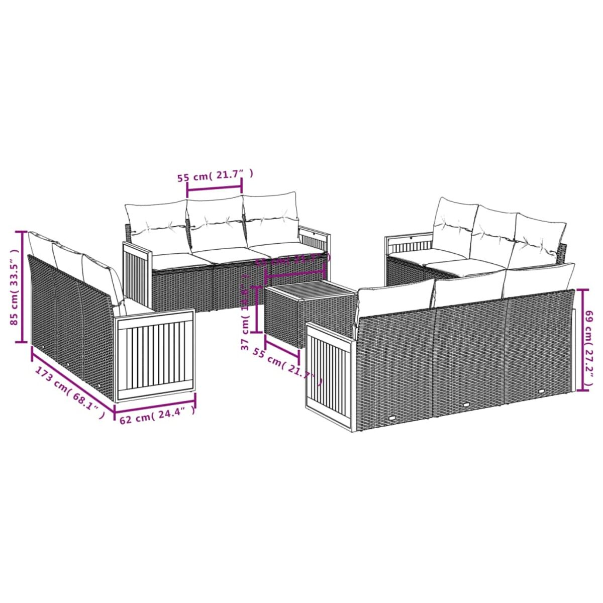 Rattan-Möbelset mit Maßen: Sofa, Stühle und Couchtisch, auf weißem Hintergrund angeordnet.