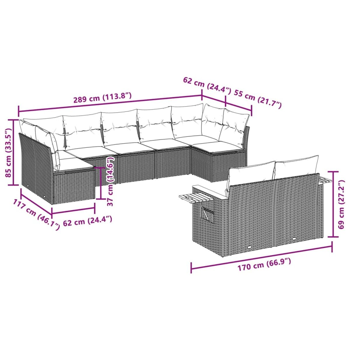 Diagramma di un set di divani da esterno in vimini con dimensioni in cm e pollici.