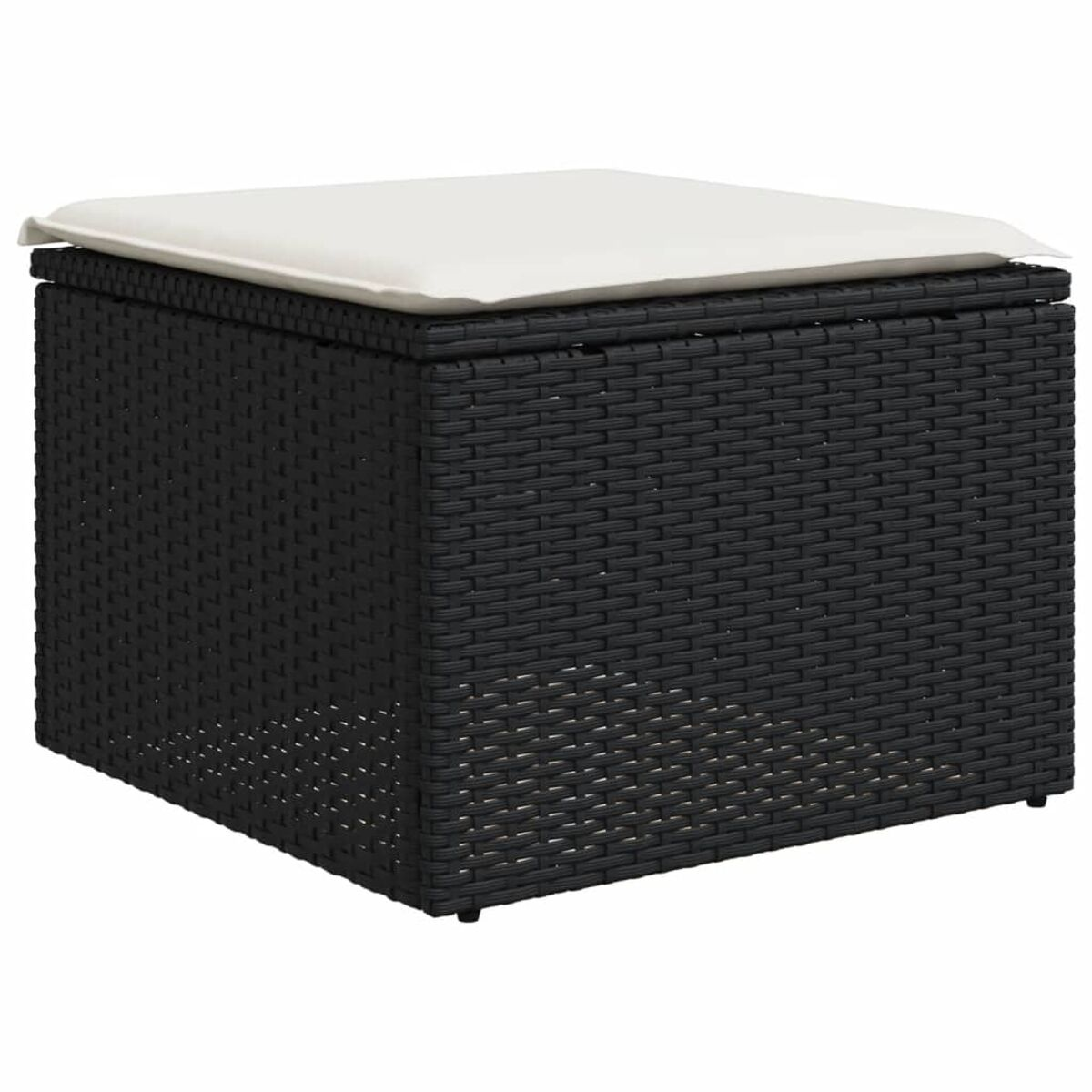 Schwarze Aufbewahrungs-Ottomane aus Korbgeflecht mit weißem Kissen oben.