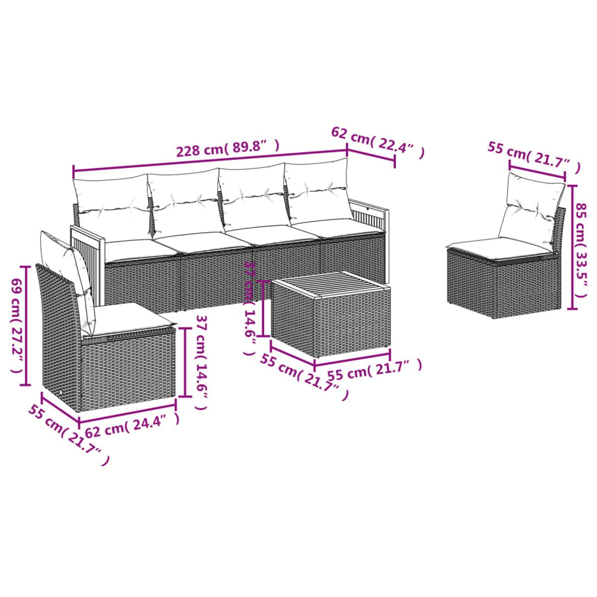 Outdoor-Rattan-Möbelset mit Kissen. Maße in cm und Zoll angegeben.