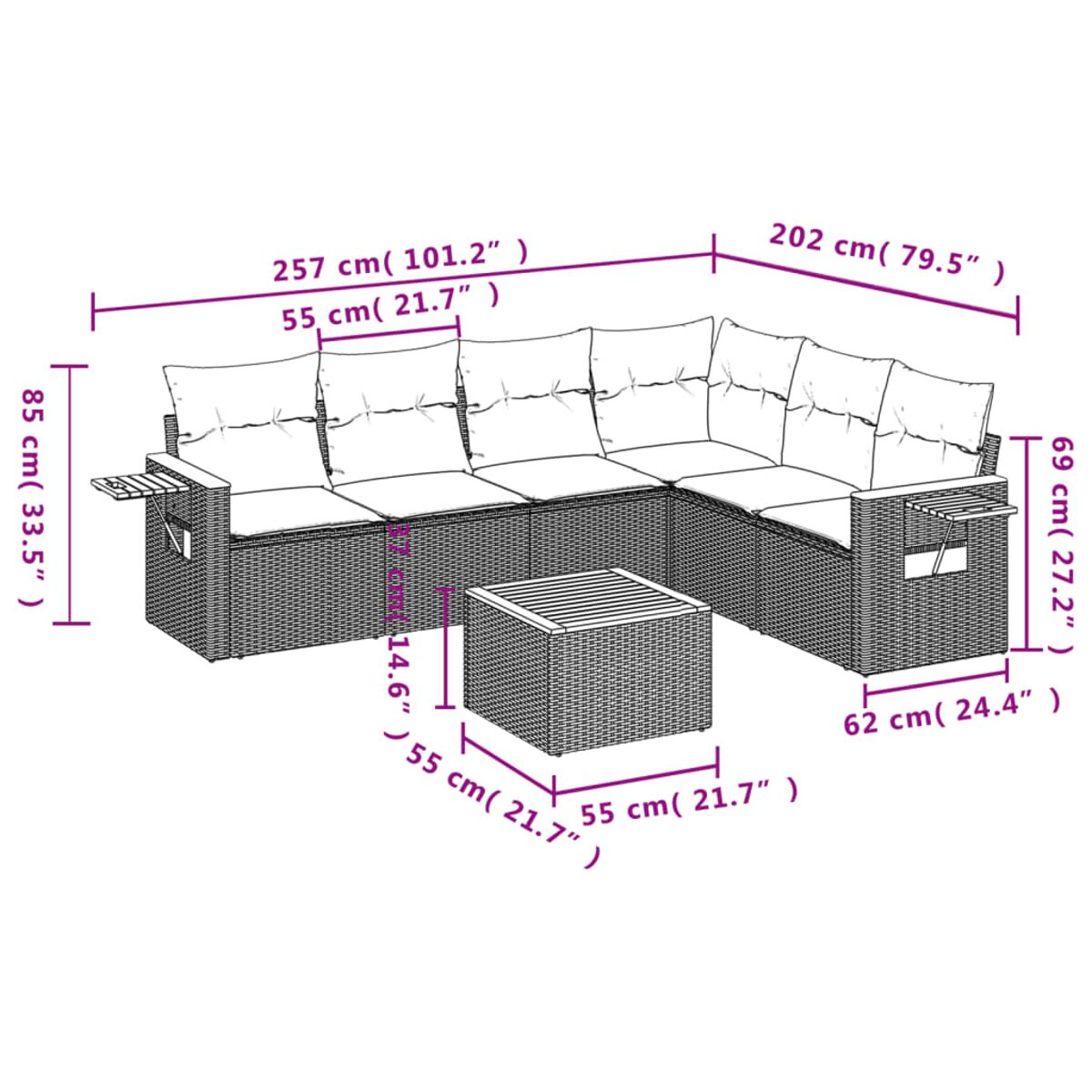 Set di mobili da patio in rattan a forma di L con tavolino, che mostra le dimensioni in cm e pollici.