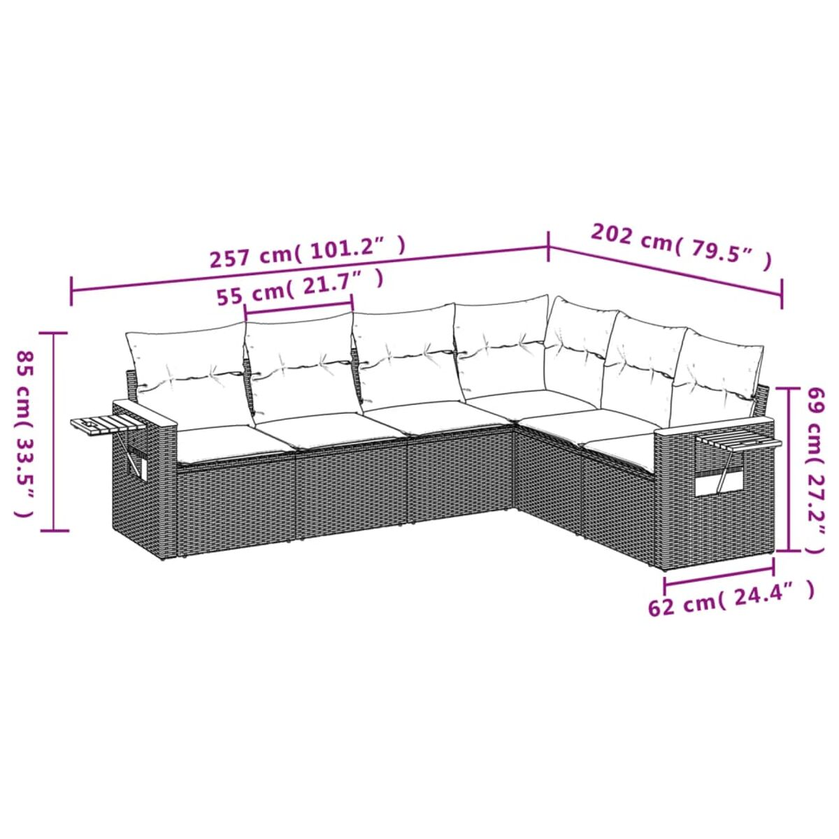 Diagramm eines Ecksofas mit Maßen. Länge 257 cm, andere Seite 202 cm. Höhe 85 cm.