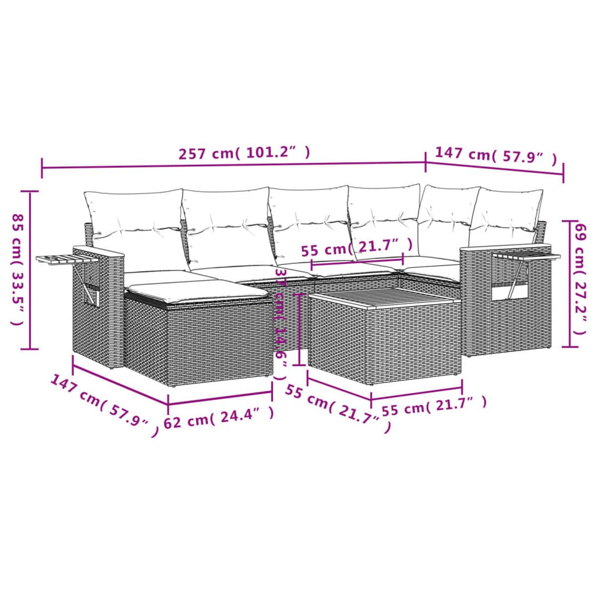 Ecksofa für den Außenbereich mit Abmessungen in Zentimetern. Aus gewebtem Material.