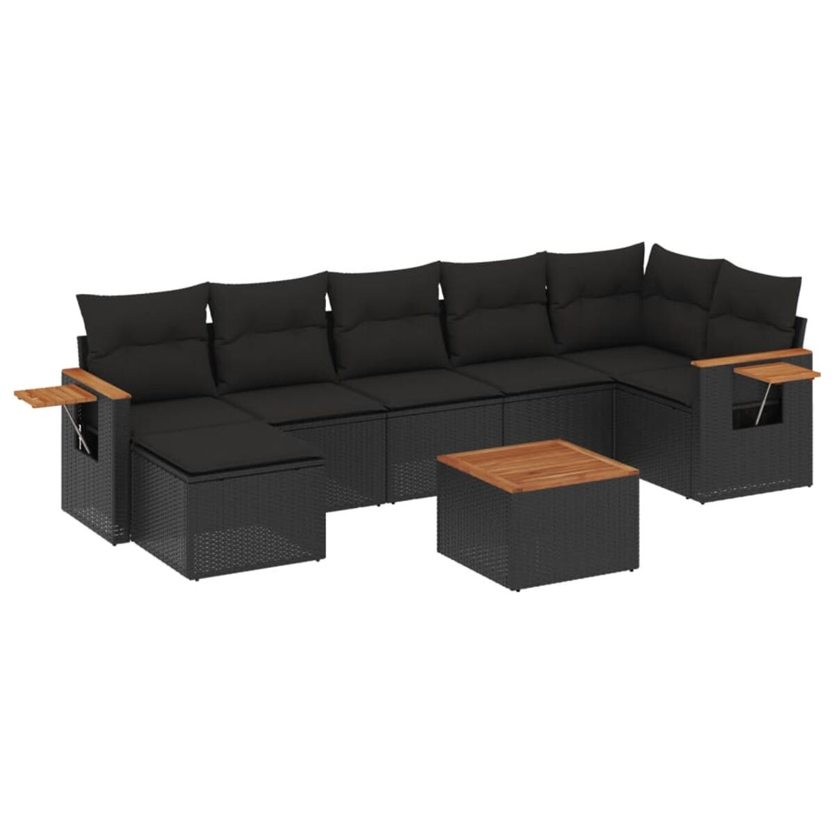 Schwarzes Outdoor-Sofa aus Korbgeflecht mit Beistelltischen und einem Couchtisch, weißer Hintergrund.