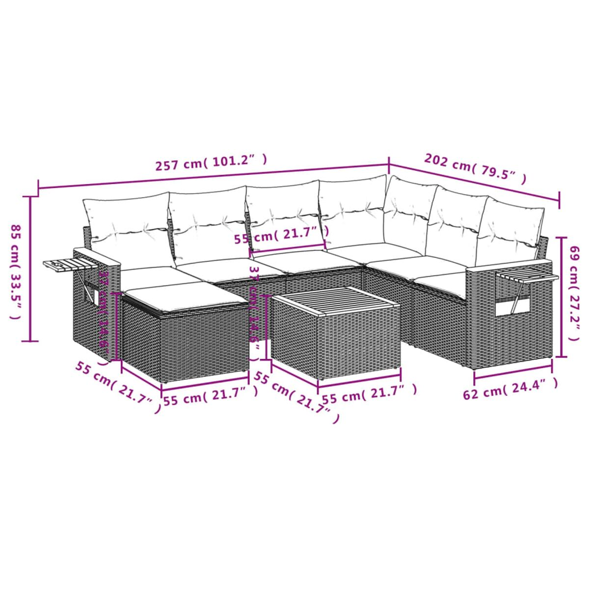 Diagramma di un divano componibile da esterno in vimini con dimensioni in centimetri.