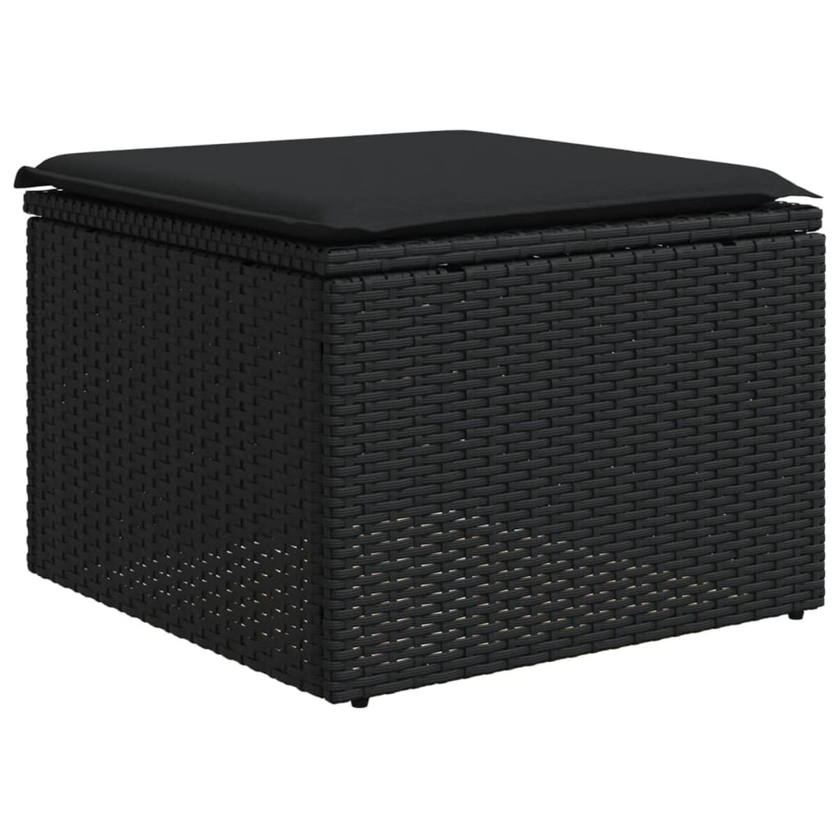 Schwarze Aufbewahrungsbox aus Korbgeflecht mit schwarzem Kissen. Die Box hat Webmuster.