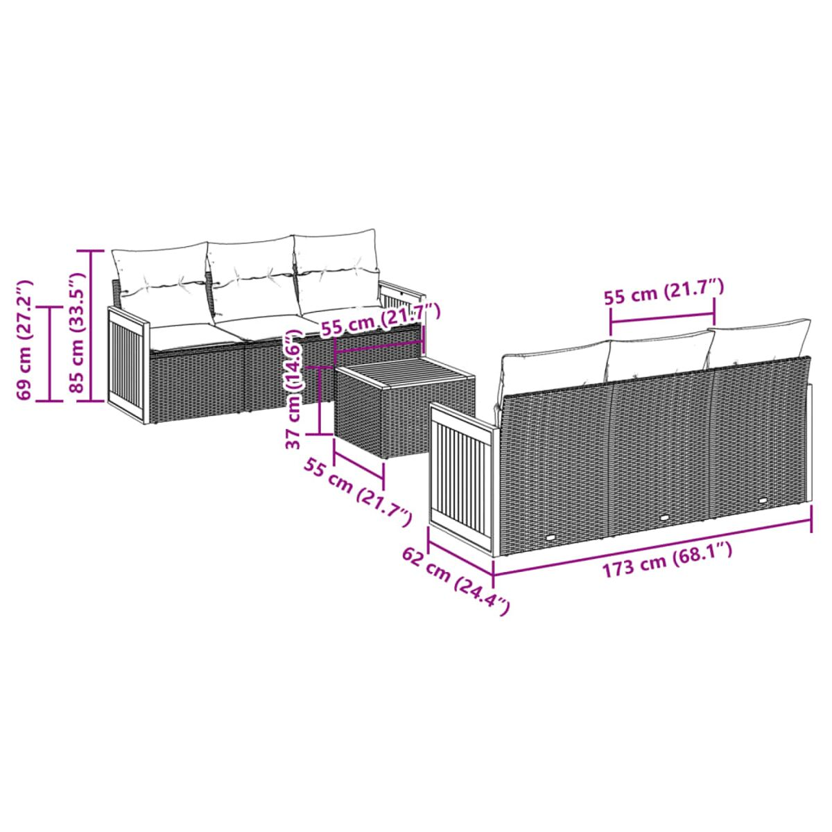 Diagramm eines Rattan-Sofasets mit Abmessungen in cm und Zoll auf weißem Hintergrund.