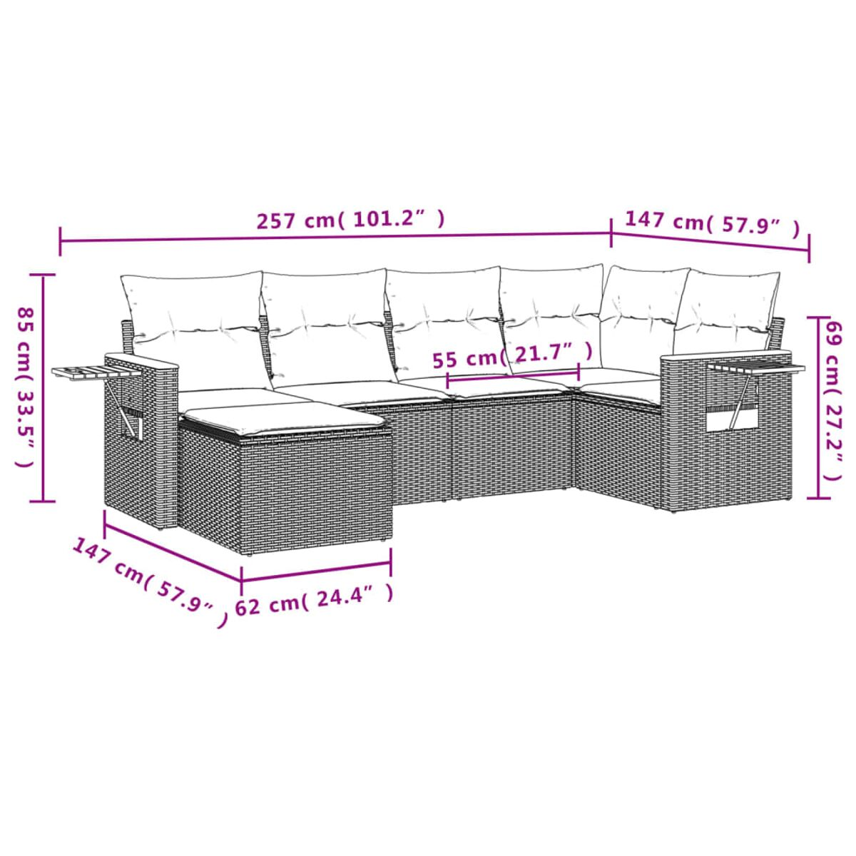 Ein weißer Hintergrund mit einer Zeichnung eines großen Outdoor-Sofas mit cm-Maßen.