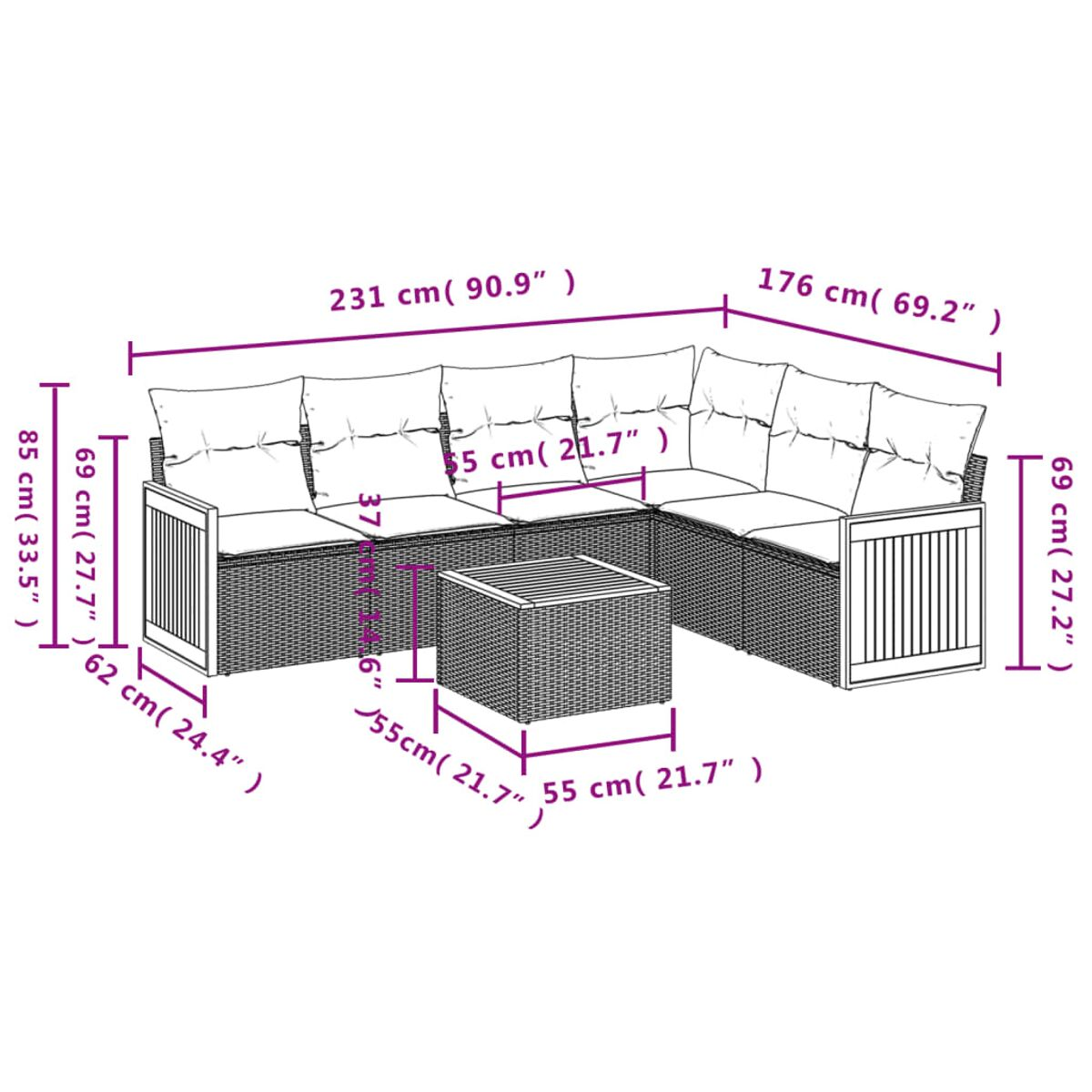 Strichzeichnung eines Ecksofas und Tisches. Abmessungen sind in Zentimetern angegeben.