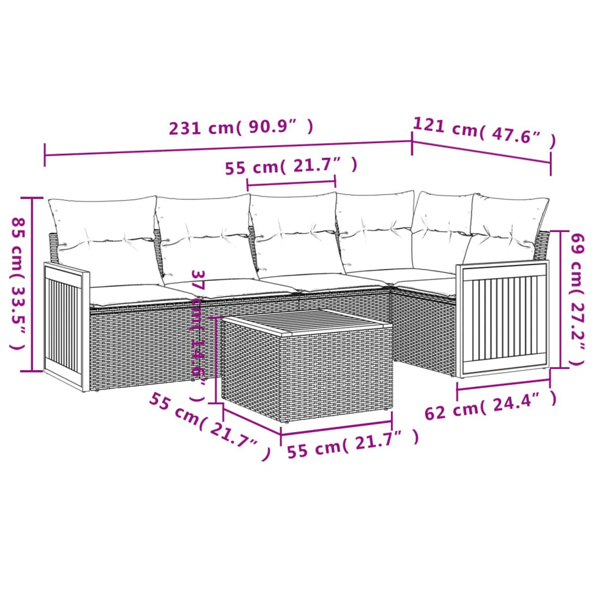 Geflochtenes Outdoor-Sofaset mit Maßen. Enthält ein Ecksofa und einen Couchtisch. Maße angegeben.