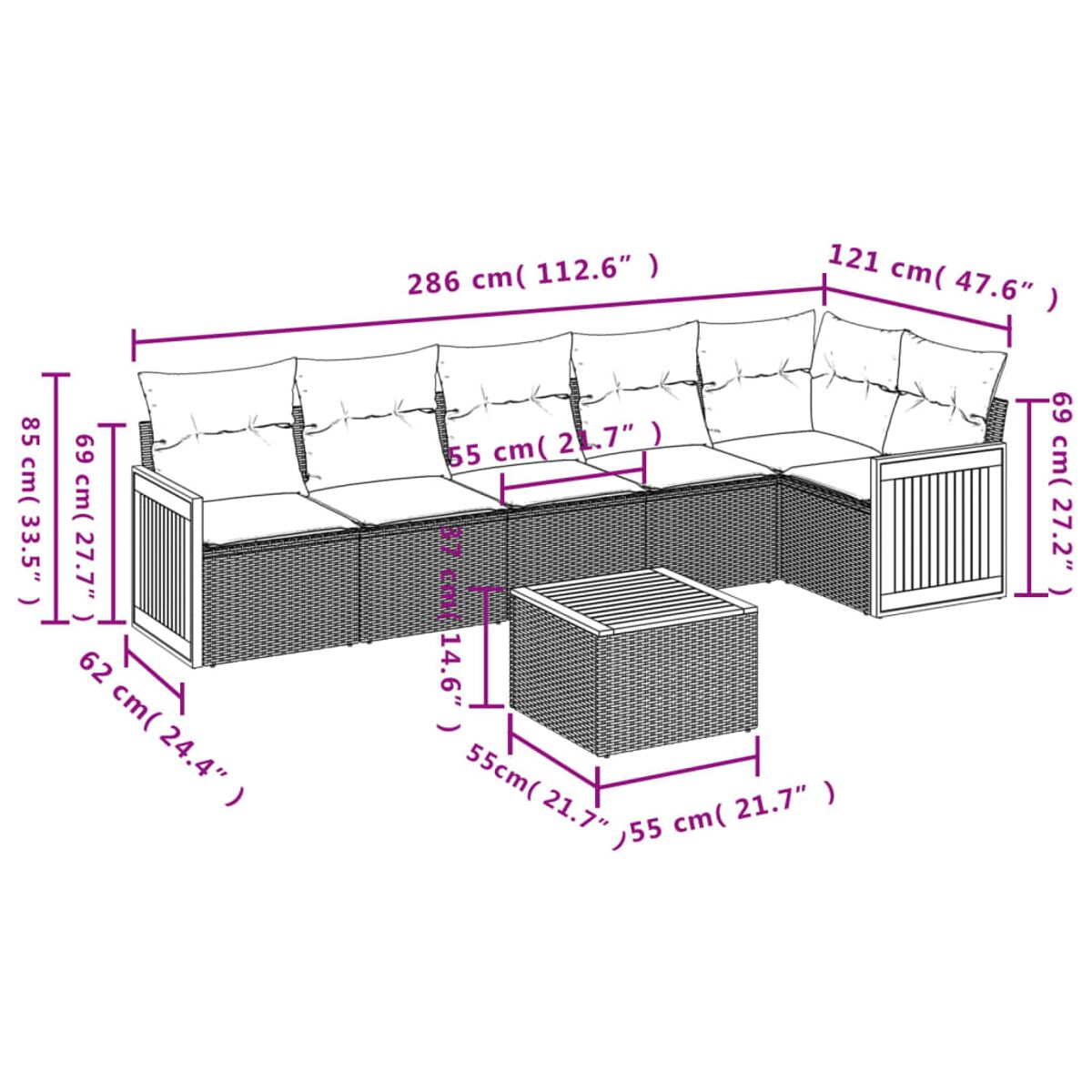 Diagramm eines Rattan-Outdoor-Sofasets mit Abmessungen in Zentimetern und Zoll.