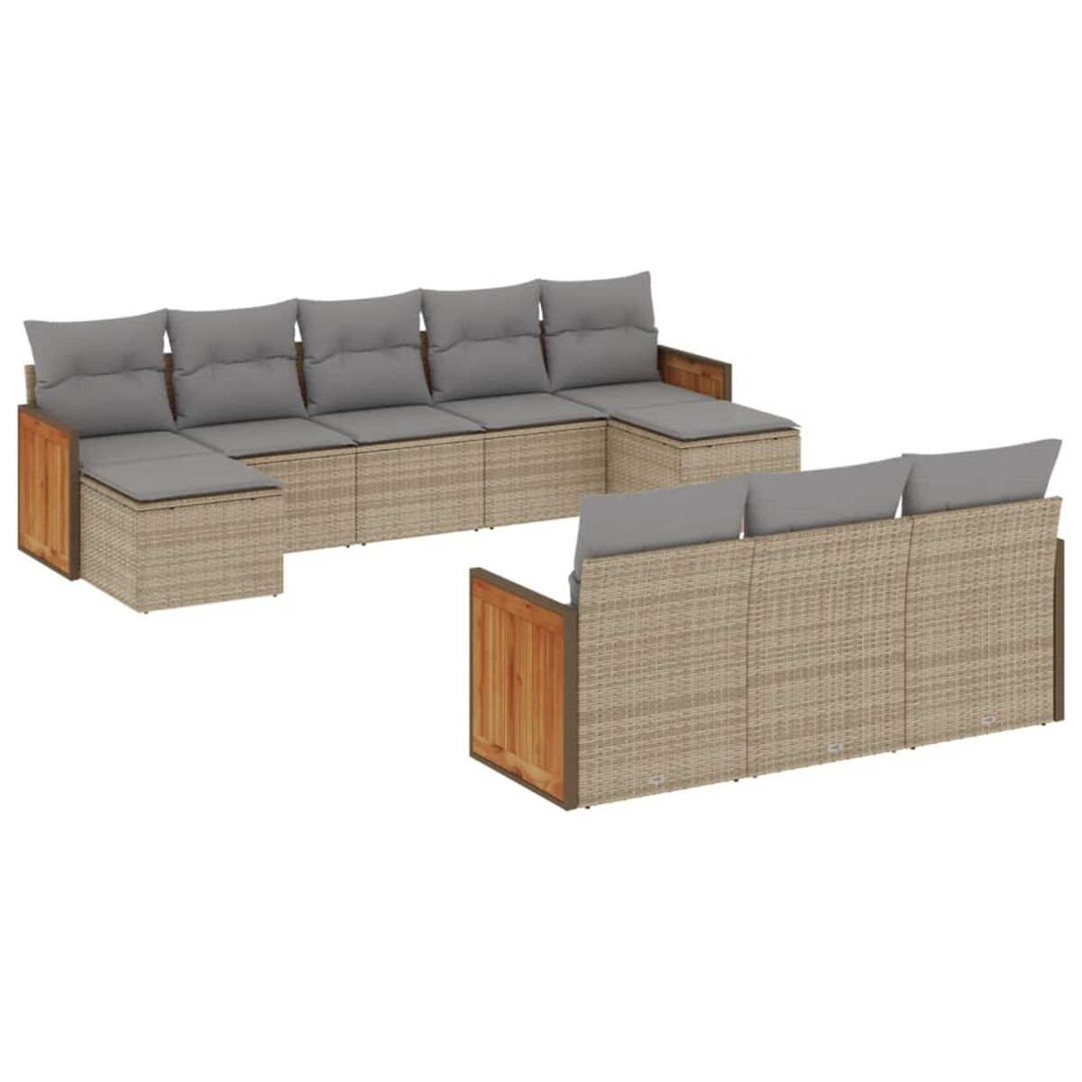 Beiges Rattansofa-Set mit grauen Kissen, Holzakzenten.