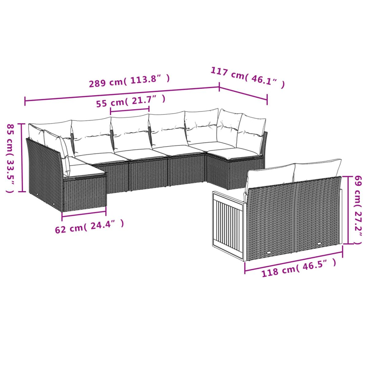 Diagramma di un divano componibile e di una sedia singola in rattan grigio con etichette delle dimensioni in centimetri e pollici.