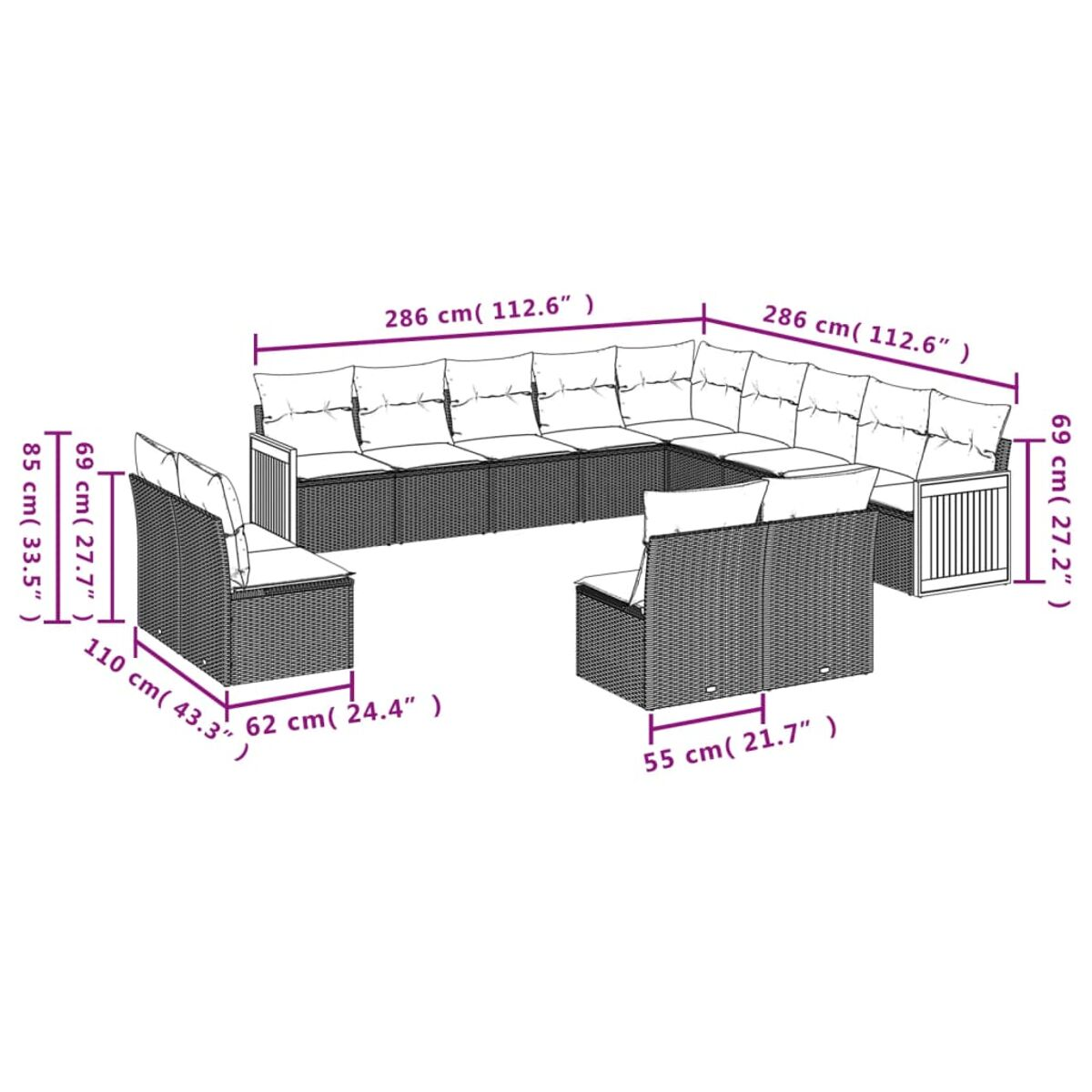 Ein Outdoor-Ecksofa mit beschrifteten Abmessungen. Weißer Hintergrund. Ein abgetrennter Sitzbereich.