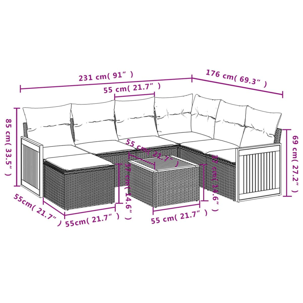 Geflochtenes Outdoor-Ecksofa mit Maßangaben.