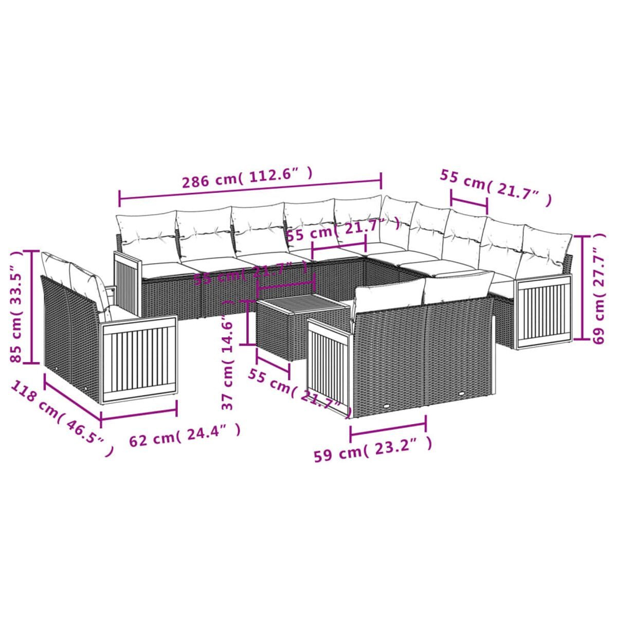 Geflochtenes Outdoor-Sofa-Set mit Kissen und Maßen. Weißer Hintergrund.