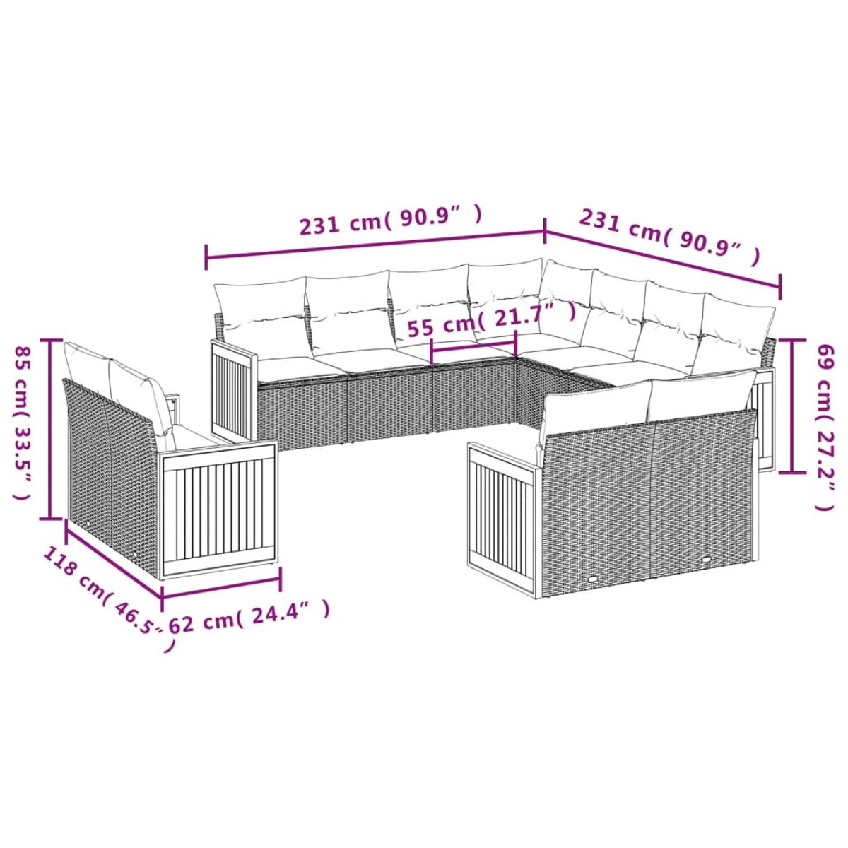 Diagramm eines Outdoor-Rattansofa-Sets mit Abmessungen. Weißer Hintergrund.