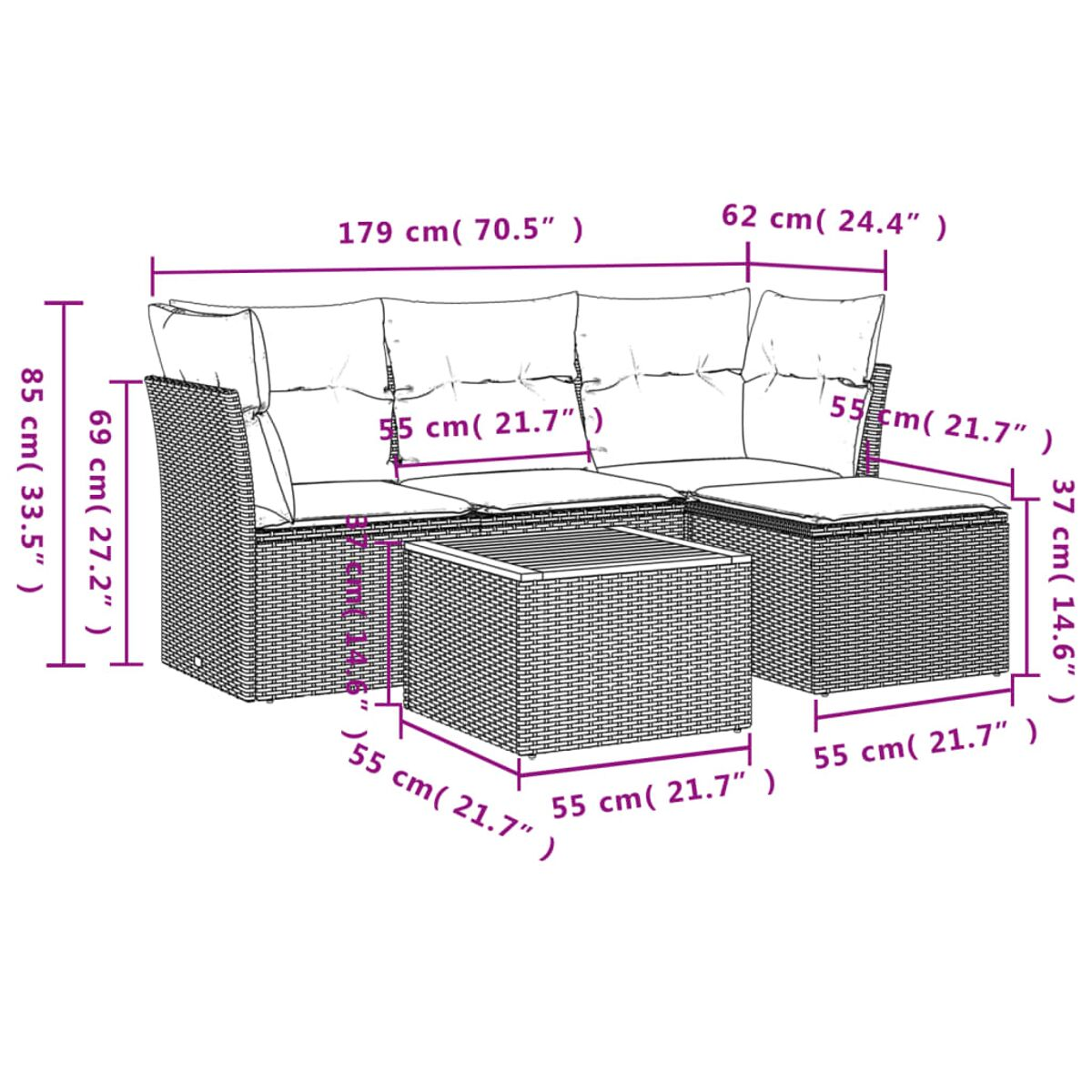 Geflochtenes Ecksofa mit Kissen und Tisch. Abmessungen sind angegeben.