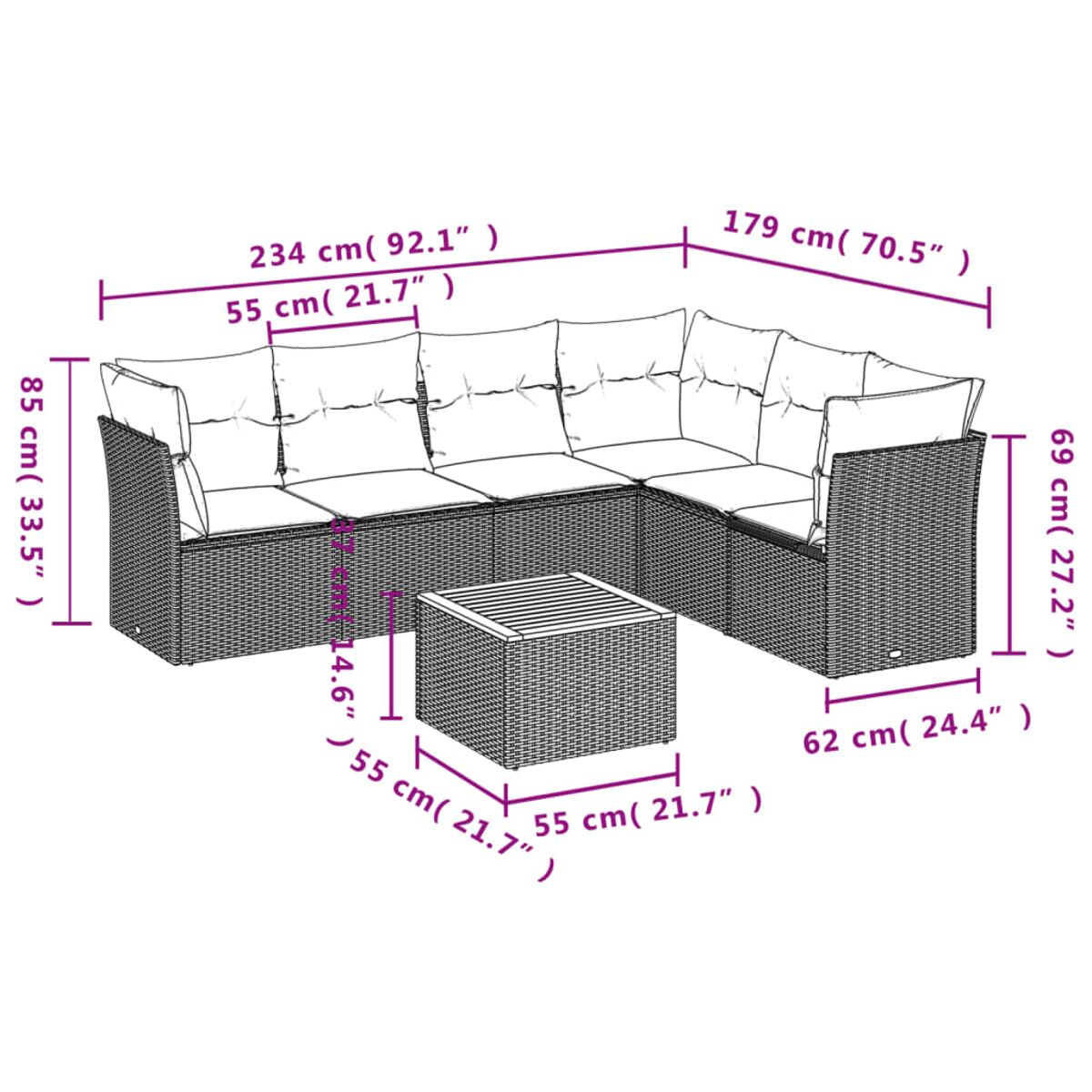 Geflochtenes Outdoor-Sofaset mit Kissen, Abmessungen sind mit weißen Pfeilen markiert.