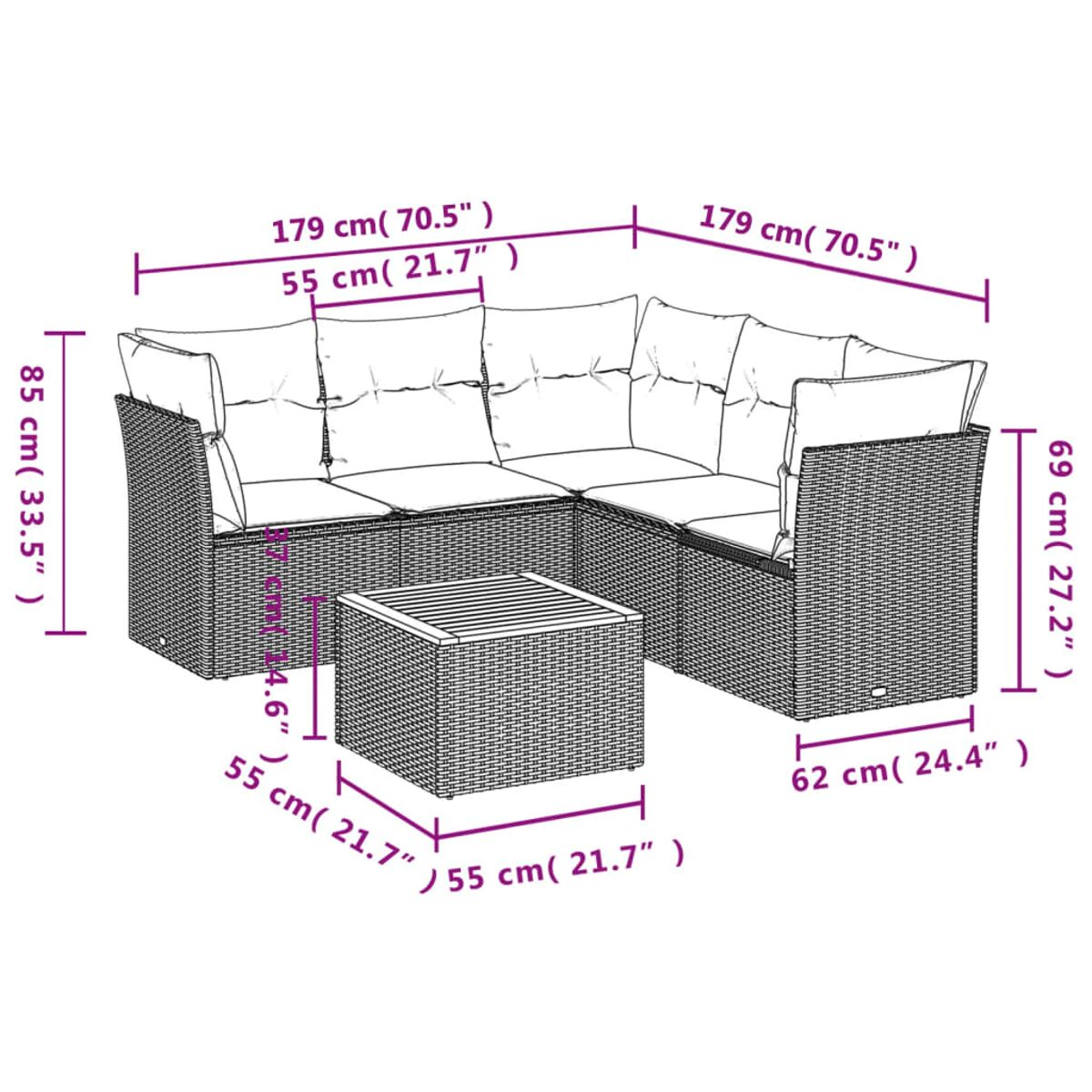 Outdoor-Sofa-Set aus Korbgeflecht. Das Set besteht aus einem Sofa, einem Tisch und zwei Eckteilen.