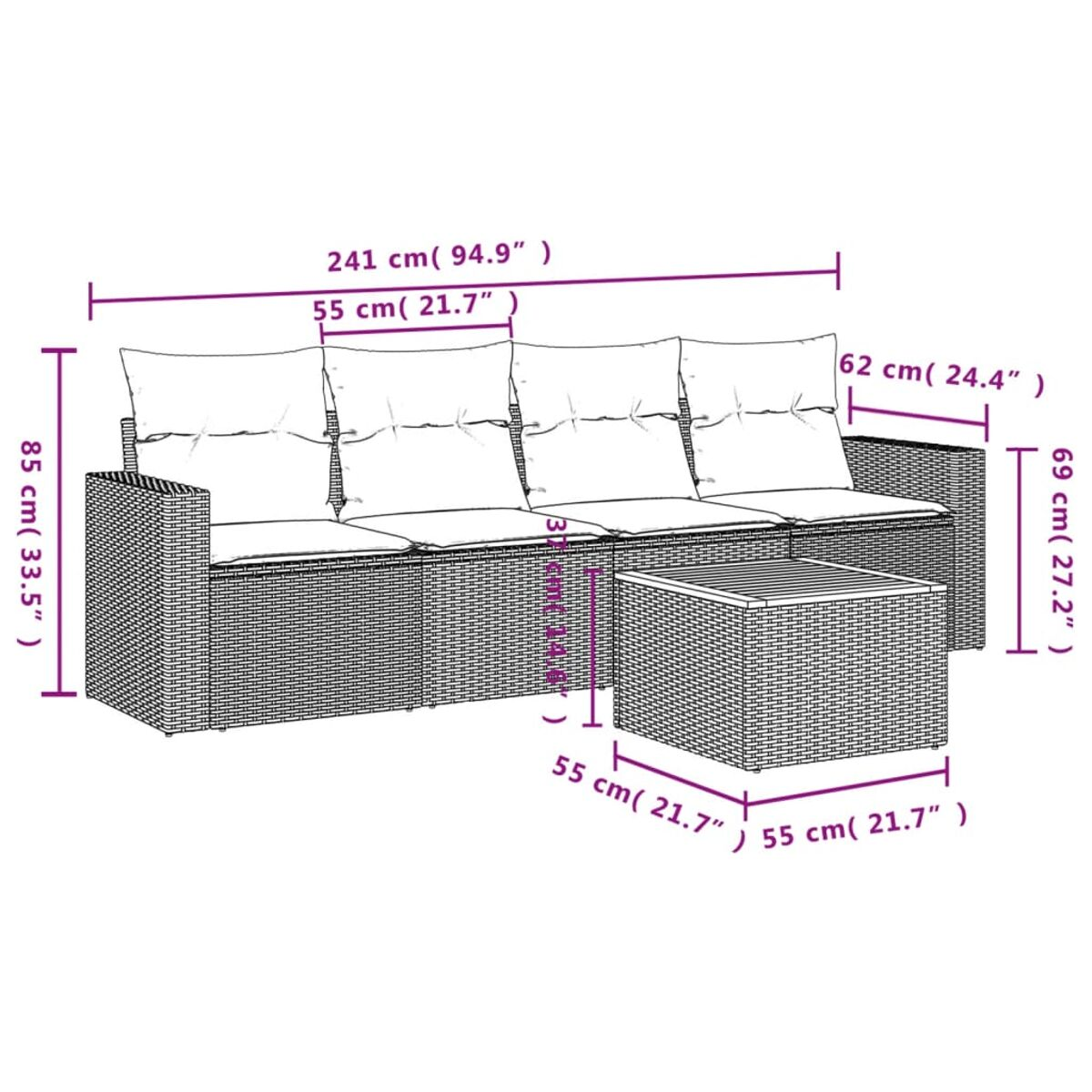 Diagramm eines Terrassensofa- und Tischsets. Abmessungen in Zentimetern und Zoll mit Pfeilen beschriftet.