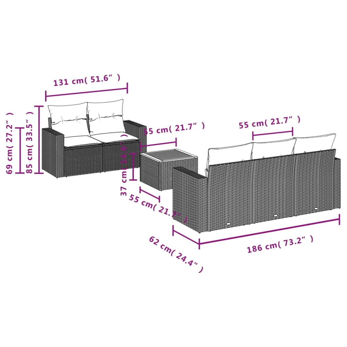 Diagramm mit Abmessungen für ein Rattan-Sofaset. Maße sind in cm und Zoll angegeben.