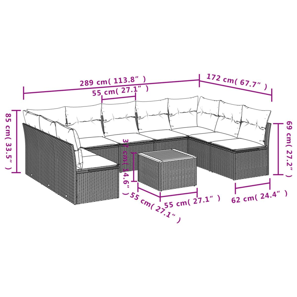 Ein Rattan-Gartensektional mit Abmessungen wird gezeigt. Es hat Kissen und einen Couchtisch.