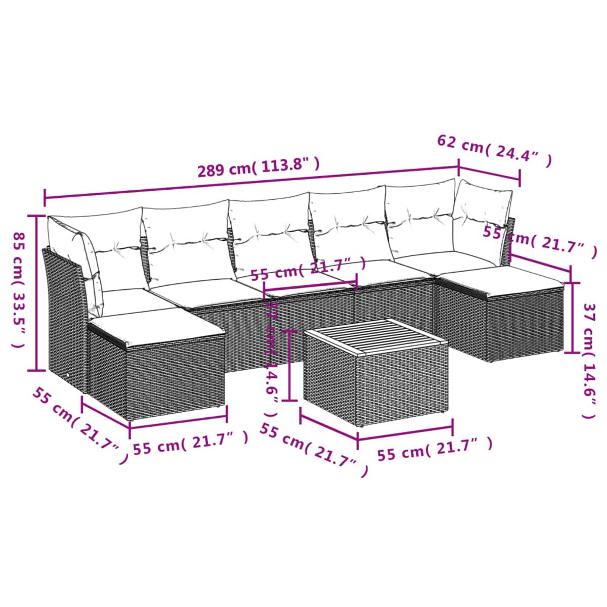 Diagramm eines Outdoor-Rattansofa-Sets mit Abmessungen in cm und Zoll.