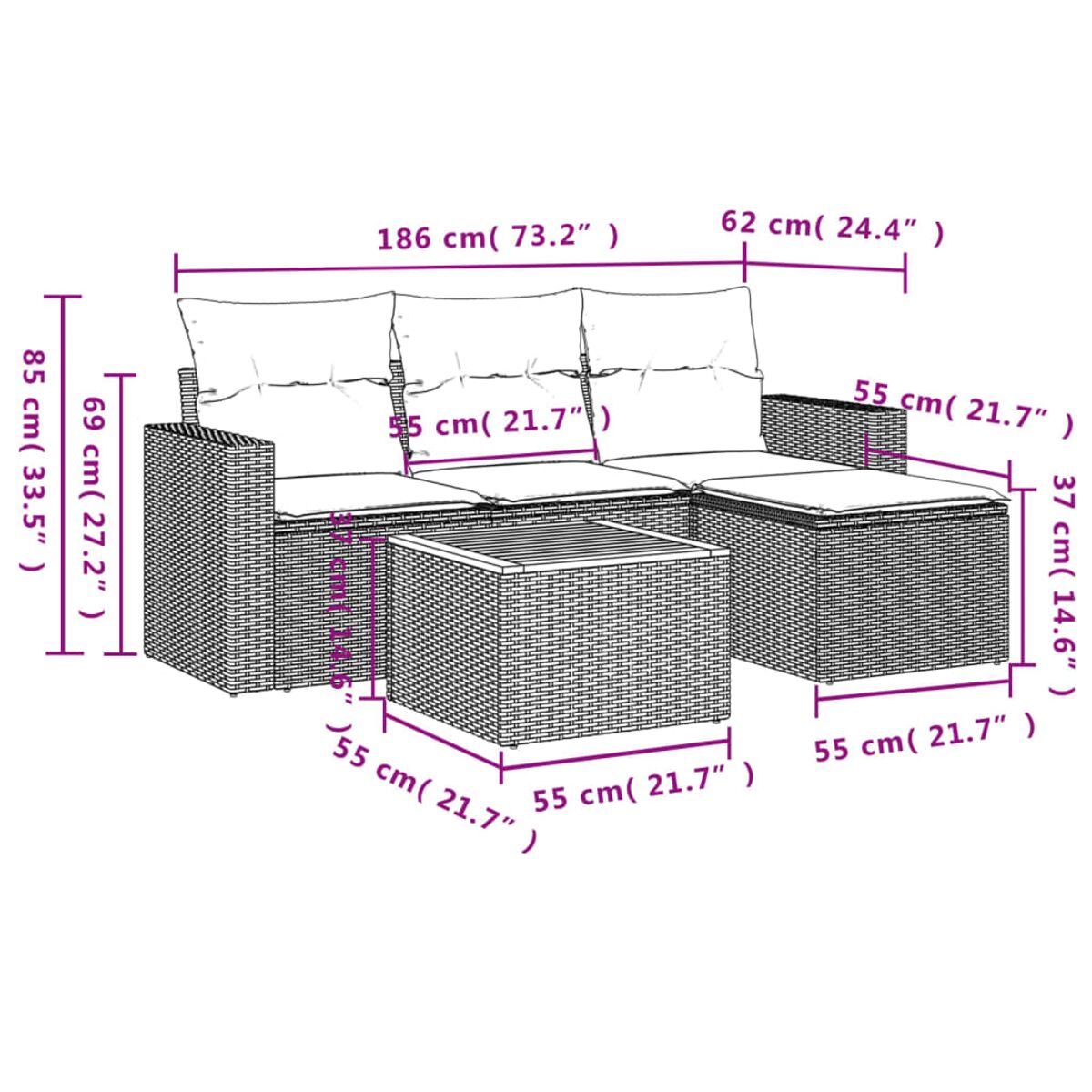 Outdoor-Ecksofa mit Maßen. Es besteht aus gewebtem Material.