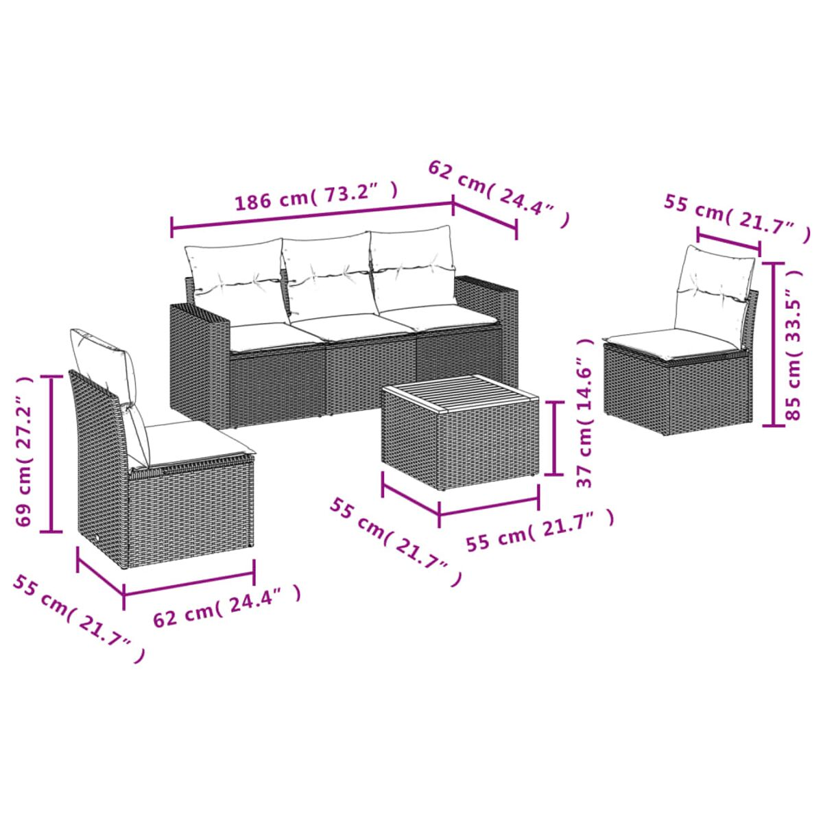 Ein Sofa, ein Stuhl und ein Tisch sind abgebildet. Maße sind angegeben. Beiges Korbmöbel.