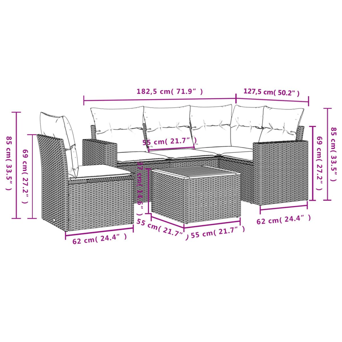 Diagramm eines Outdoor-Schnittsofas aus Korbgeflecht mit Bemaßungen in cm und Zoll, plus Tisch und Stuhl.