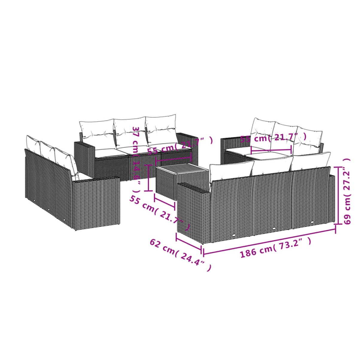 Weiden-Outdoor-Set mit Sofa, Tisch und zwei Stühlen, Abmessungen gezeigt.