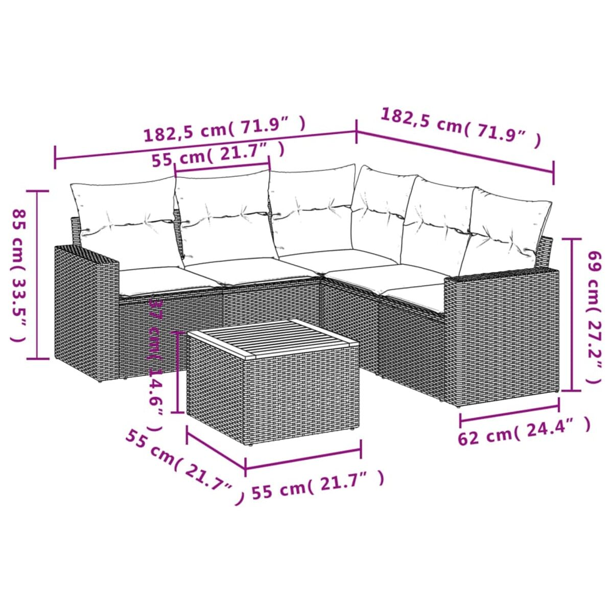 Ein Outdoor-Ecksofa aus Korbgeflecht mit Maßen. Enthält ein Ecksofa und einen Couchtisch.