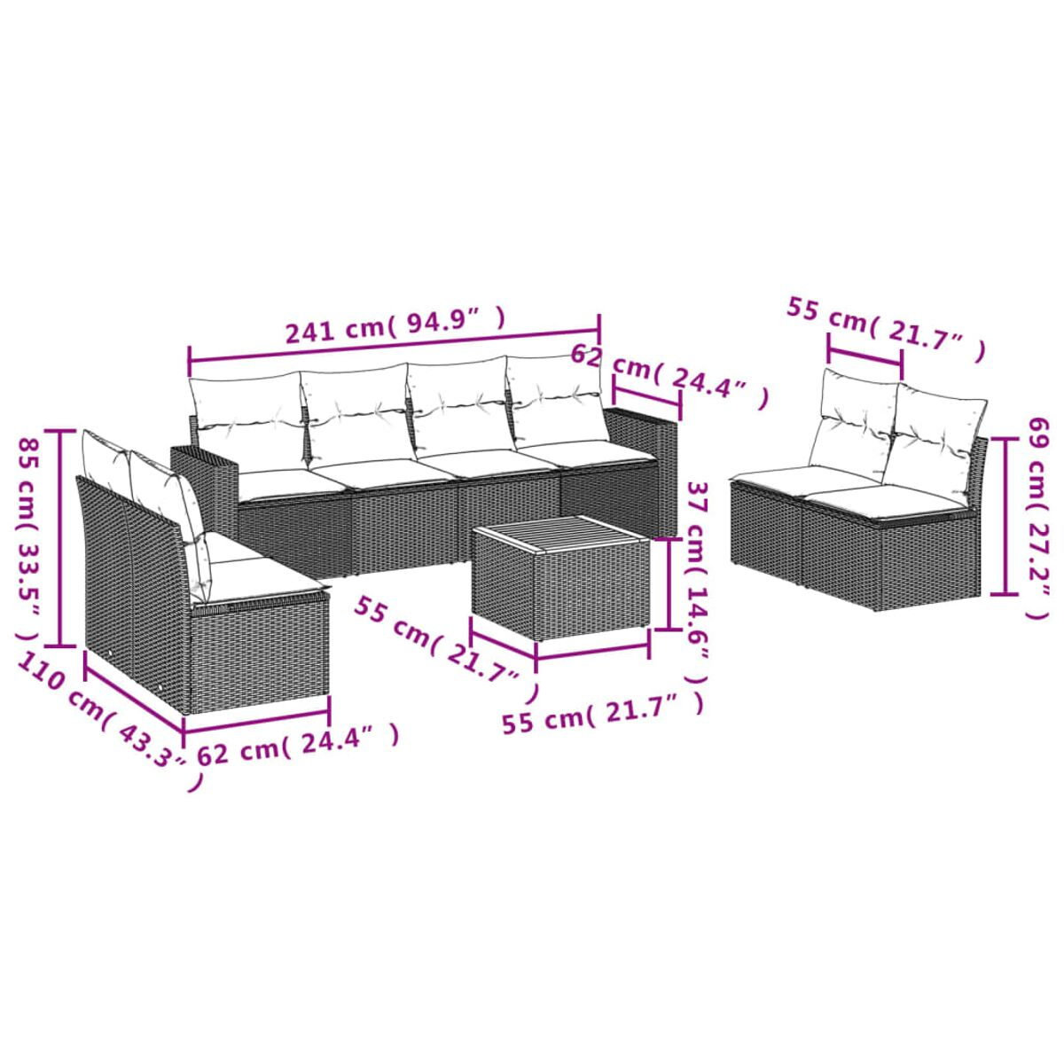 Schwarzes Rattansofa-Set mit Maßen. Weiße Kissen und ein Holztisch.